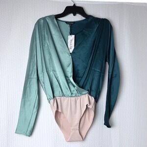 Strut & New Bolt Bodysuit Women Small Teal Two-Tone Satin Y2K Glam Party Sexy